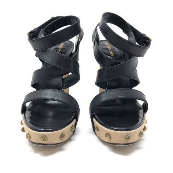 SERGIO ROSSI black leather & fabric, ankle wrap sandals, size 39, made in Italy - Picture 6 of 15